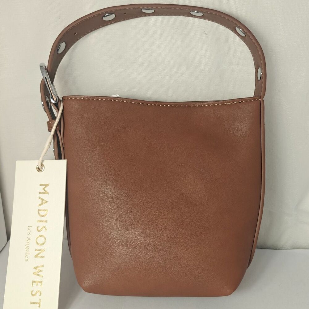 Madison West Brown Bucket Bag Adjustable Strap Minimalist Style NWT